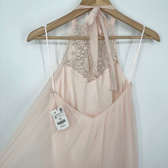 ZARA Chiffon Halter Maxi Dress Lace Crochet Grecian, Pale Pink NWOT - Picture 9 of 11